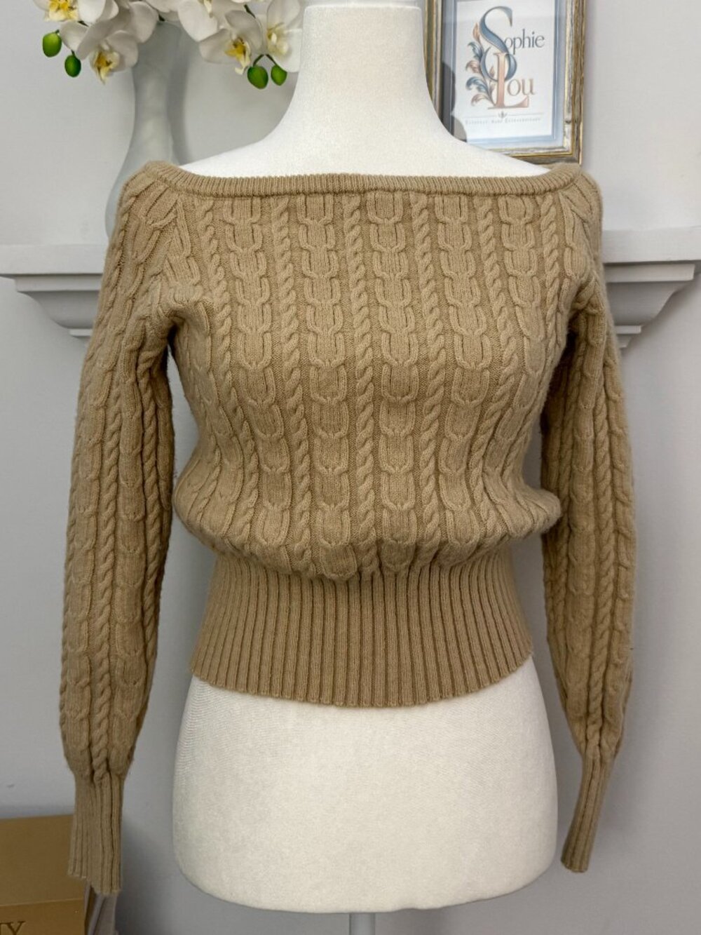 Camel Tan Cable Knit Off Shoulder Sweater | Cozy Fall Knit